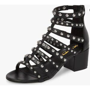 XYD Black Open Toe Gladiator Block Heels Strappy Studded Cut Out Zipper Sandals